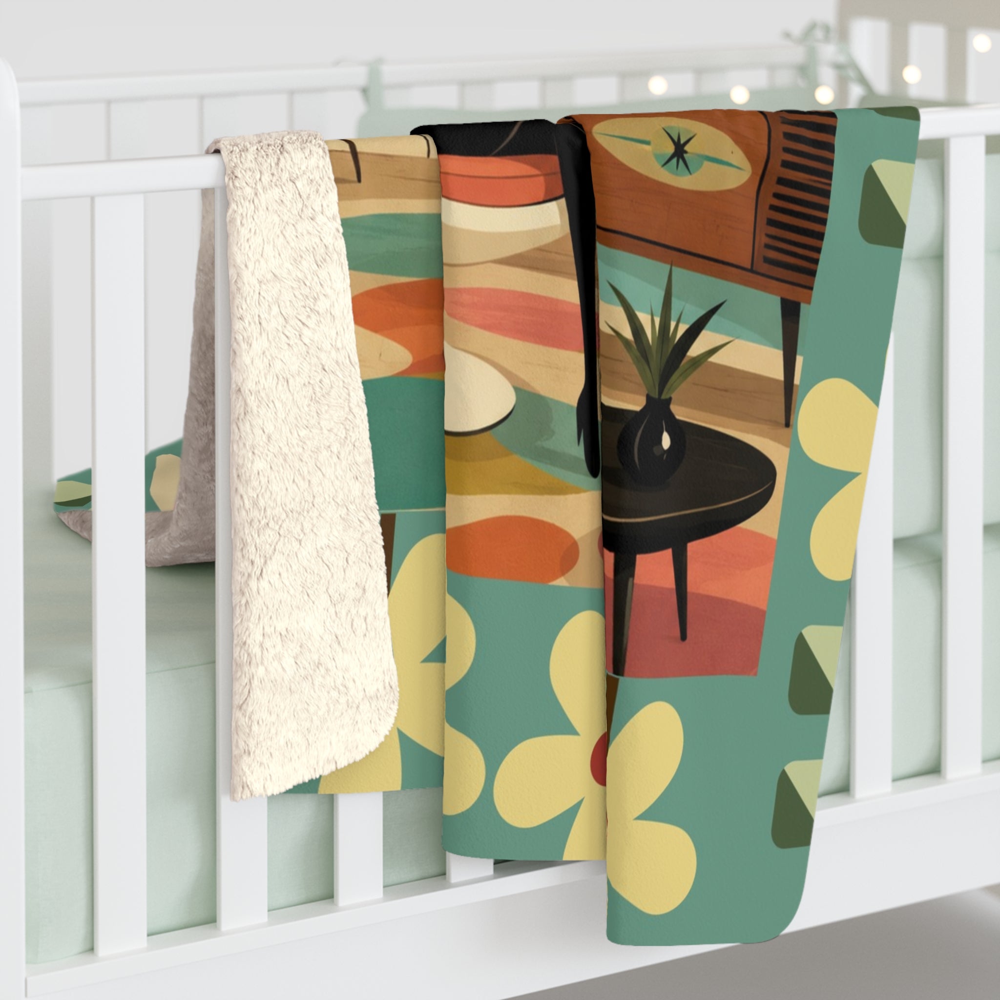 Mid-Century Retro Atomic Cat in Egg chair Lounge Sherpa Fleece Blanket | Vintage Mod Cat