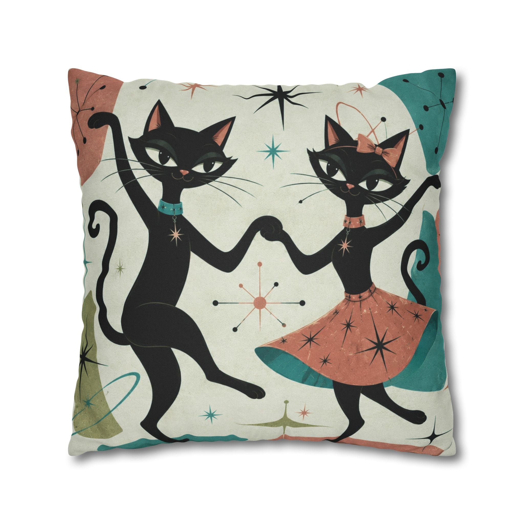 Dancing Retro Atomic Black Cats Pillowcase | Square Throw Pillowcase - COVER ONLY