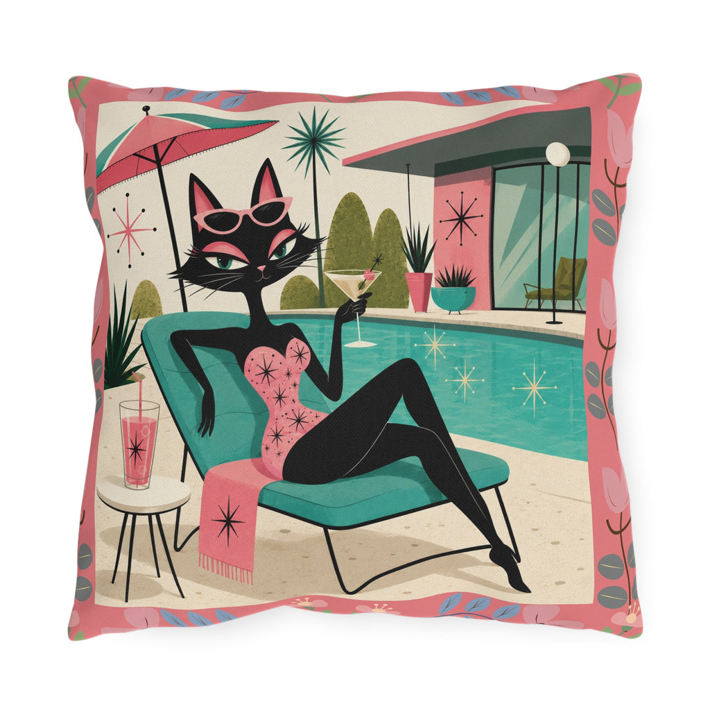 Retro Poolside Cat Outdoor Pillow | Mid Century Modern Cocktail