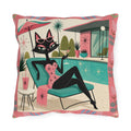 Retro Poolside Cat Outdoor Pillow | Mid Century Modern Cocktail