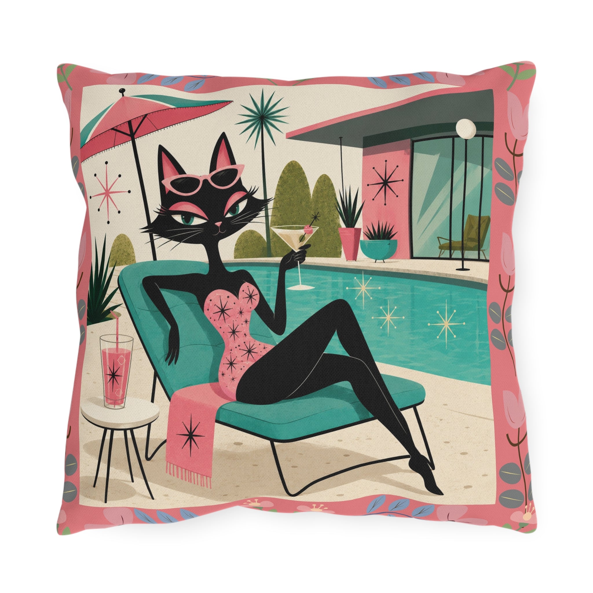 Retro Poolside Cat Outdoor Pillow | Mid Century Modern Cocktail