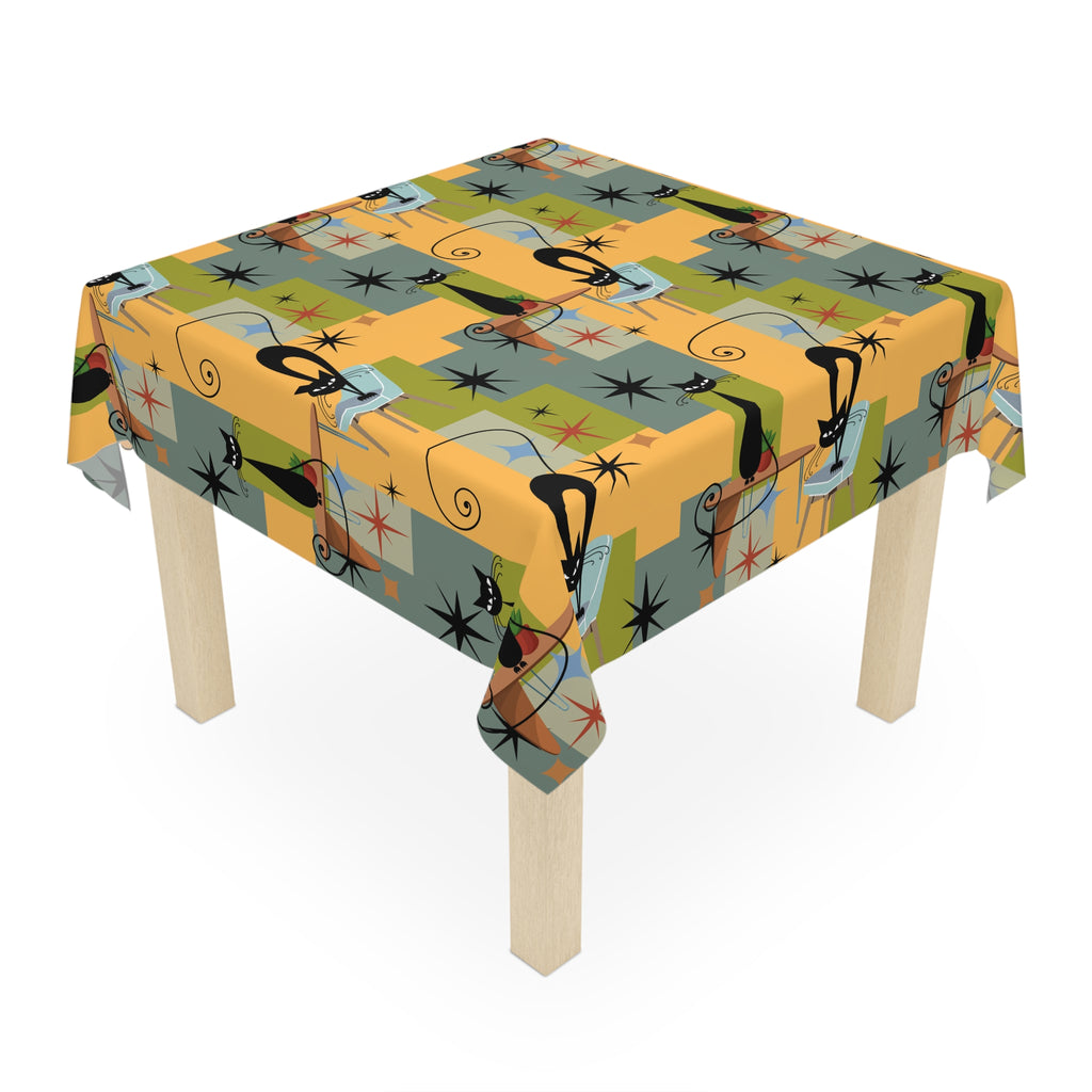 Retro Mid-Century Cat Tablecloth — Atomic Starburst Pattern