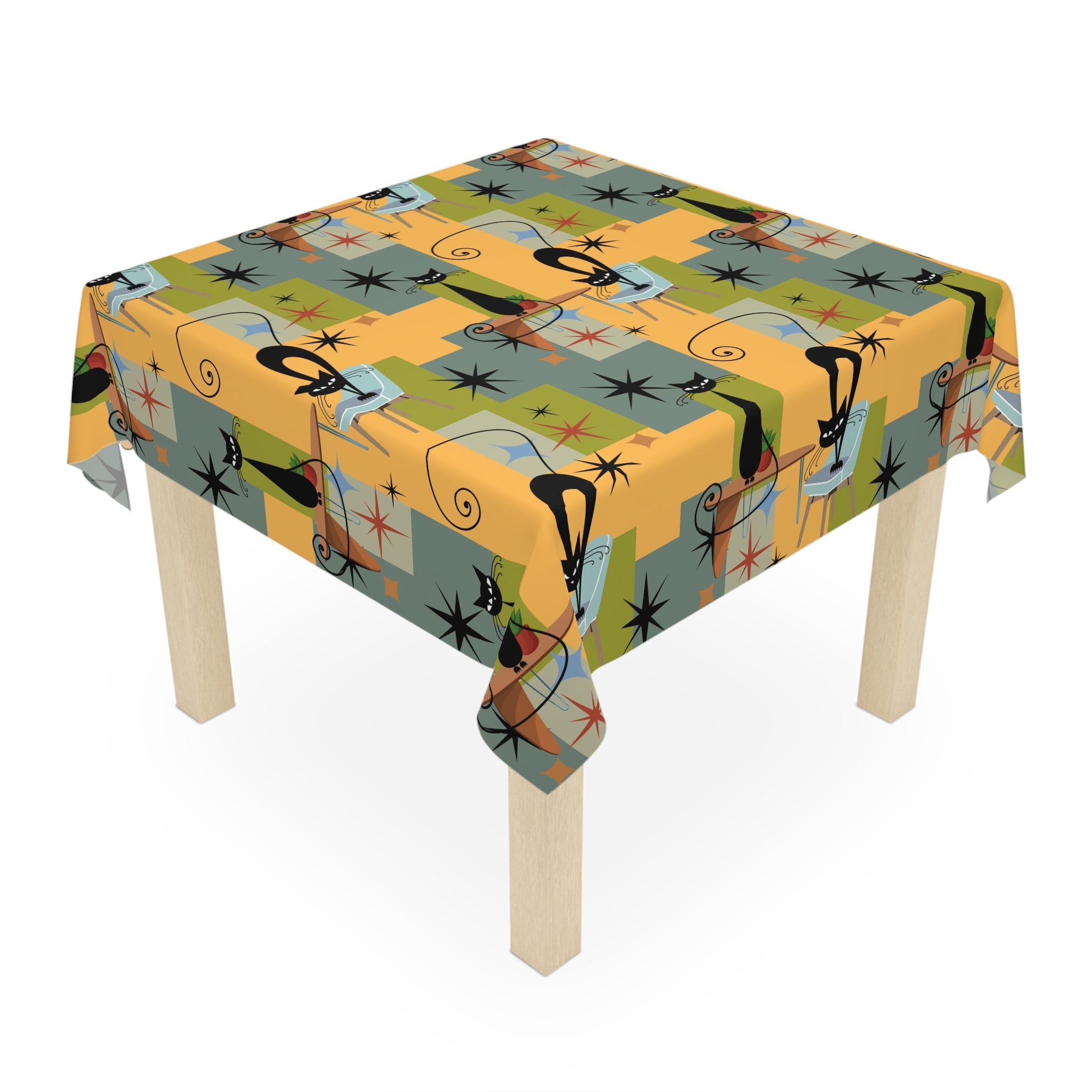 Retro Mid-Century Cat Tablecloth — Atomic Starburst Pattern