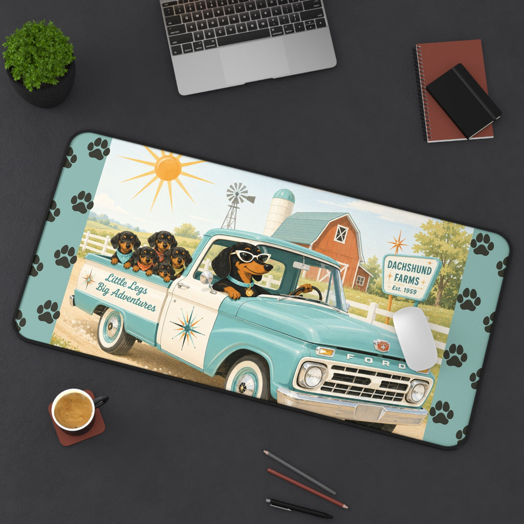 MCM Dachshund Farm Truck Desk Mat | Retro Puppy Road Trip Mouse Pad