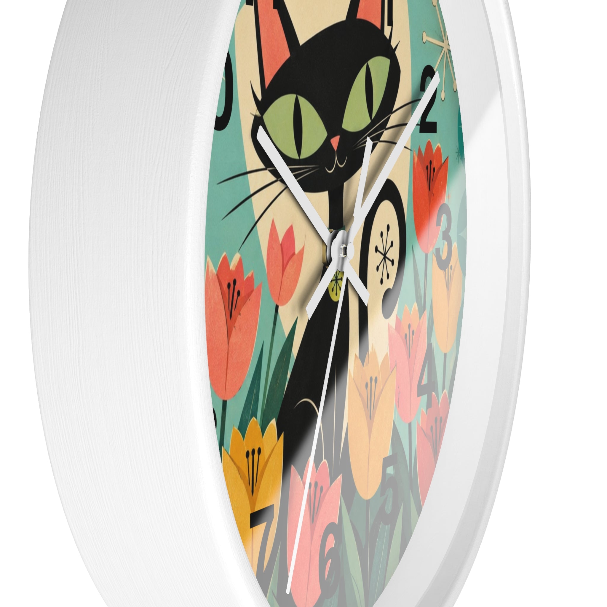 Atomic Black Cat in Tulips Wall Clock | Retro Cat Illustration, Spring Floral