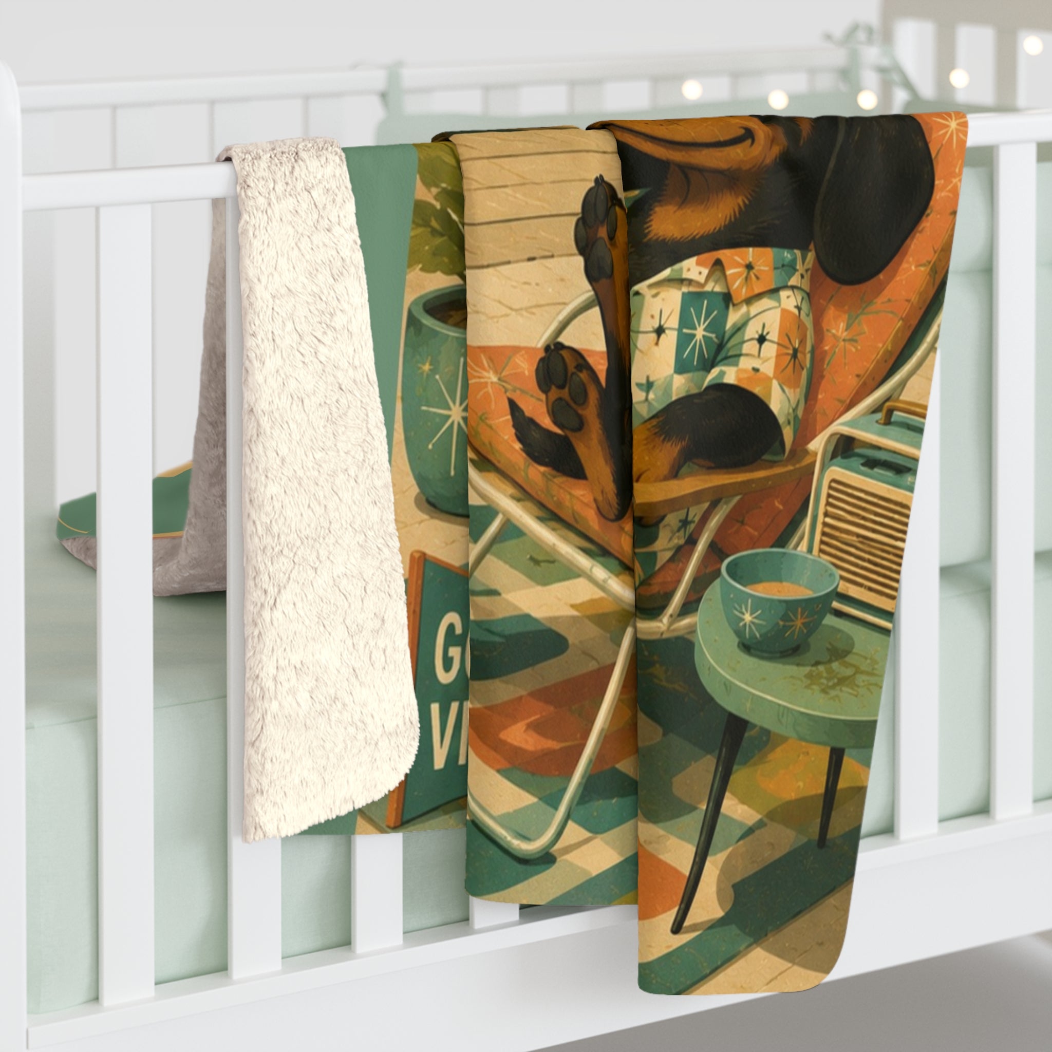 MCM Lake House State of Mind Sherpa Blanket | Retro Dachshund Lake Cabin Art