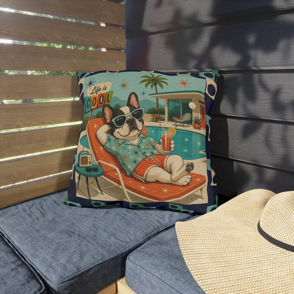 Retro French Bulldog Poolside Lounge Outdoor Pillow | Mid Century Cool