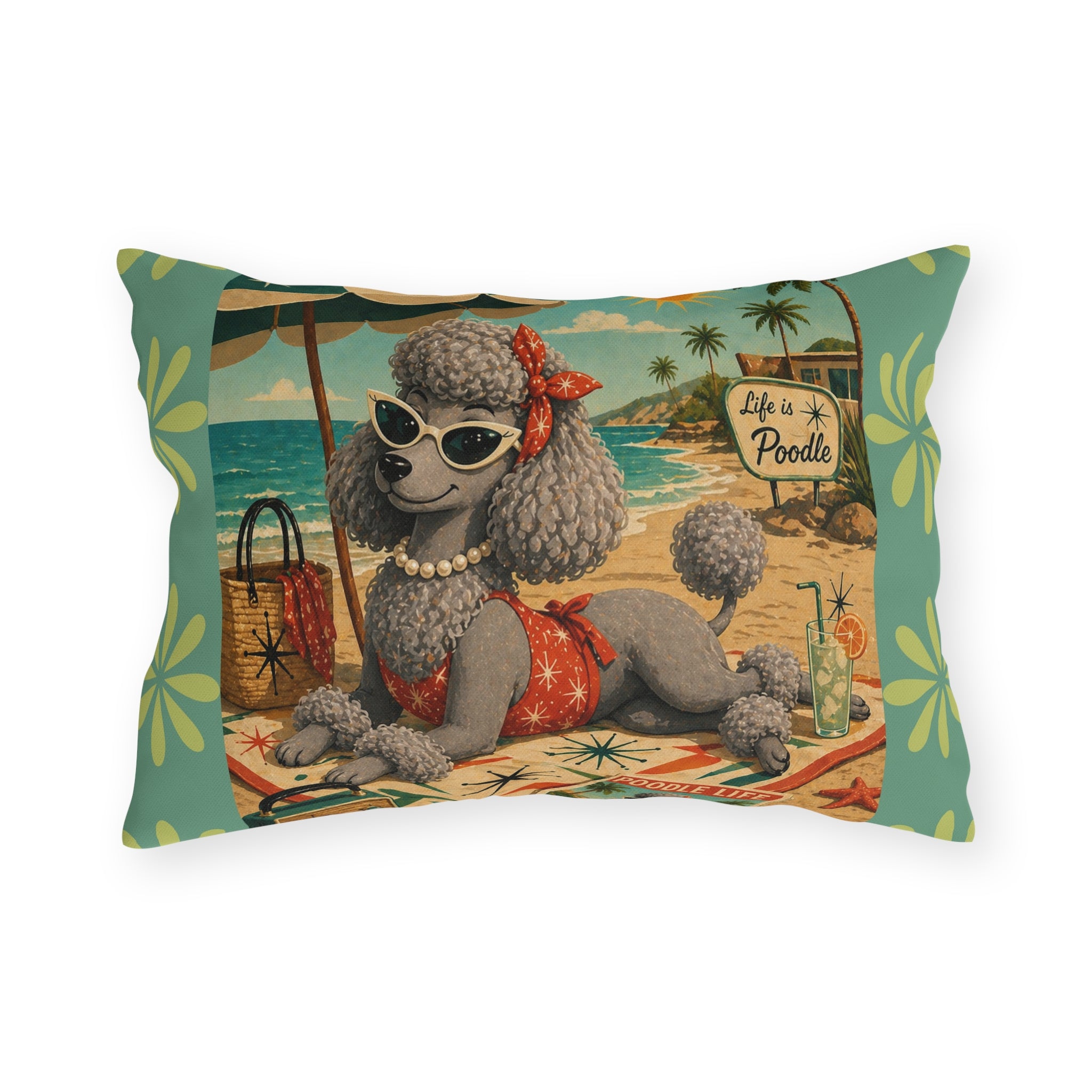 Retro Beach Poodle Outdoor Pillow | Vintage MCM Pinup Dog Tropical Scene