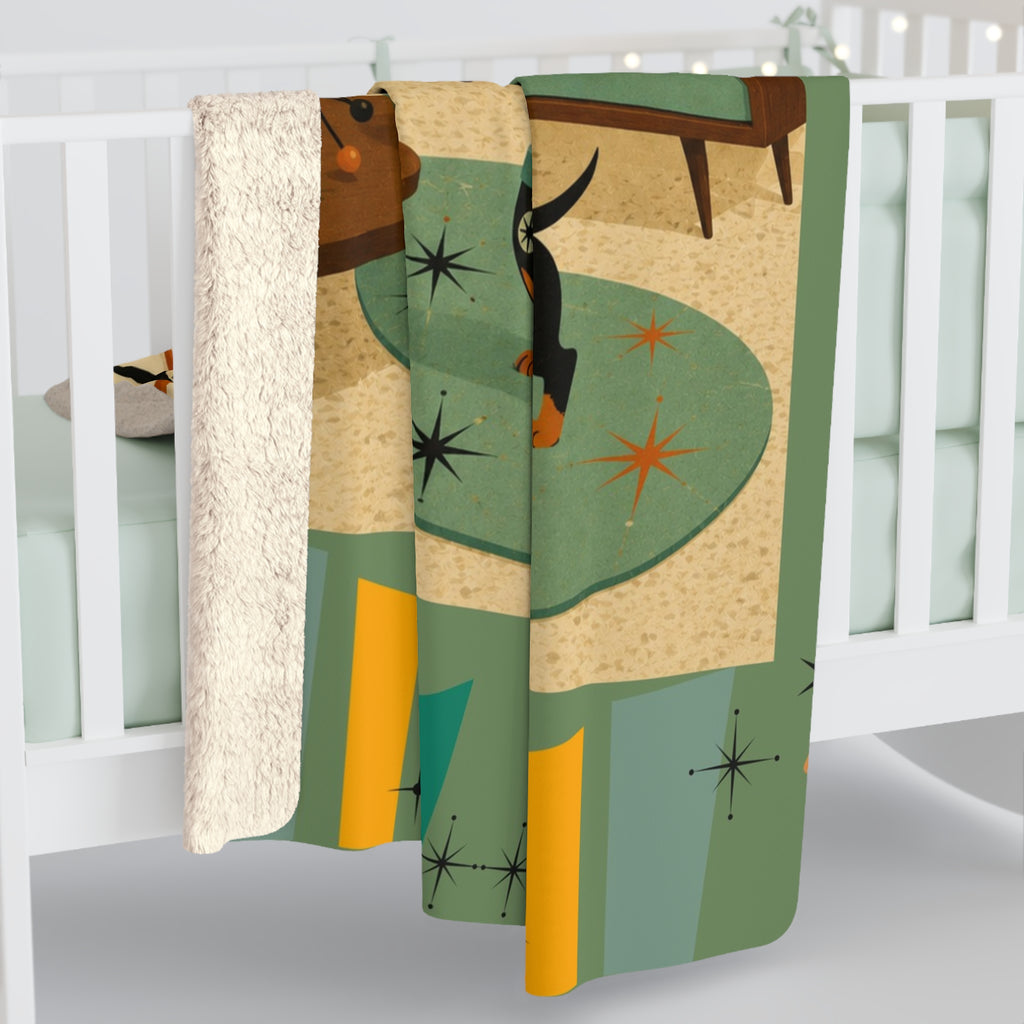 Mid Century Dachshund Living Room Sherpa Fleece Blanket | Retro Atomic Home