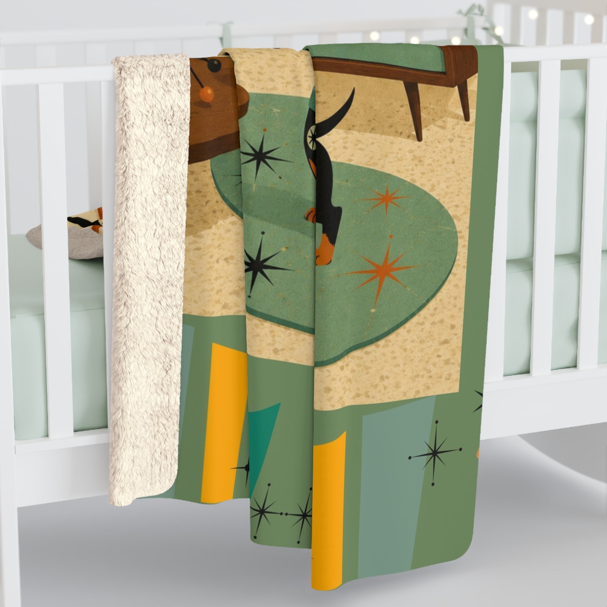 Mid Century Dachshund Living Room Sherpa Fleece Blanket | Retro Atomic Home