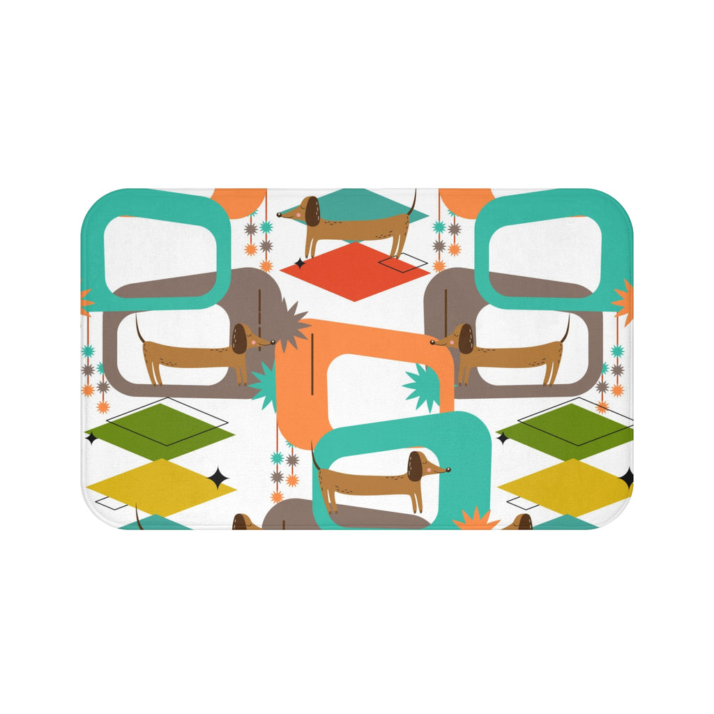 Mid Century Dachshund Pattern Bath Mat | Retro Atomic Geometric Design