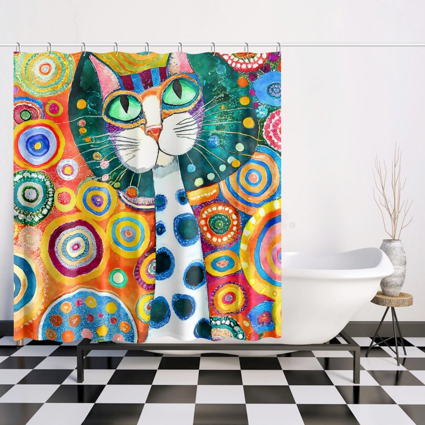 Colorful Klimt cat inspired art Quick-drying Shower Curtain, cat lover shower curtain