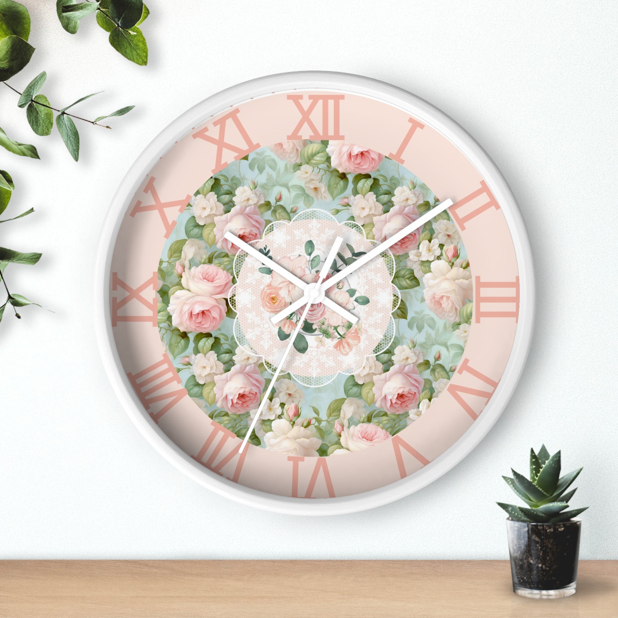 Shabby chic inspired pink rose Wall Clock, kitchen living room bedroom wall clock, silent mechanism