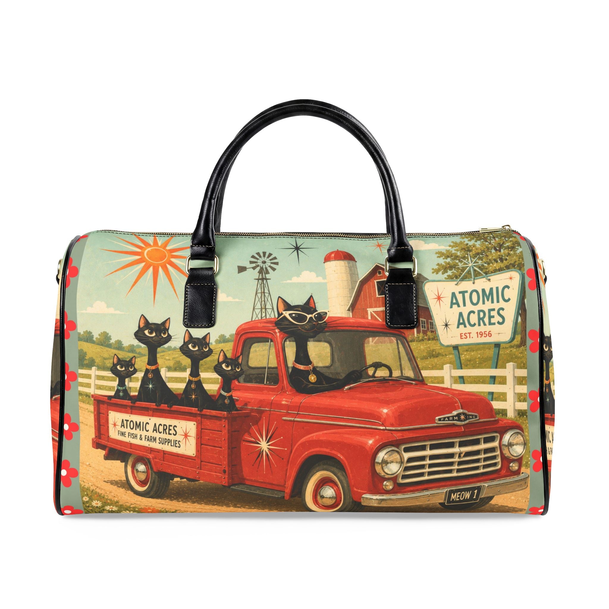 Retro Atomic Cats Truck Faux Leather Travel Bag | Atomic Acres Vintage Roadside Art