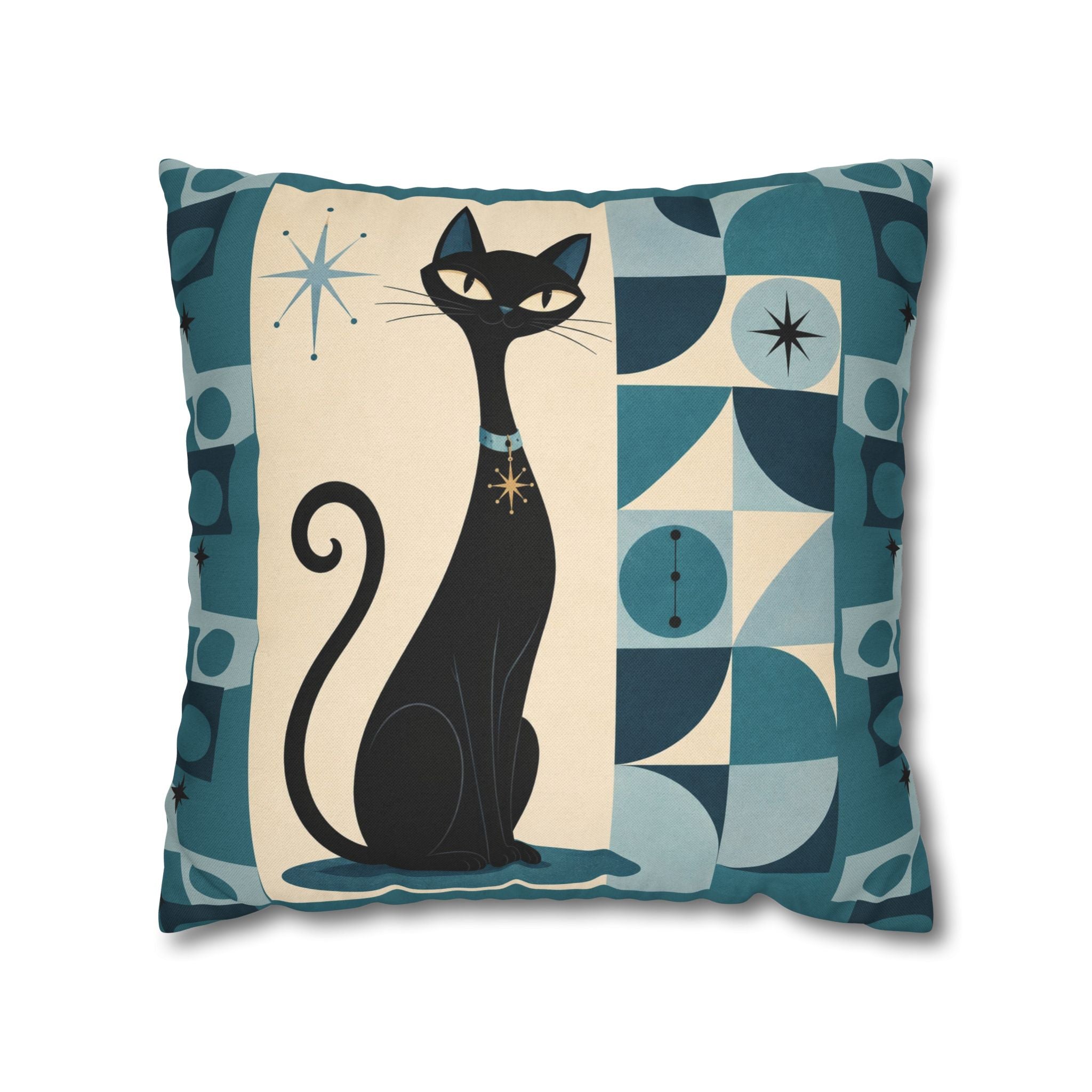 Mid Century Atomic Black Cat Pillowcase | Square Pillowcase, Retro Geometric Cat - COVER ONLY