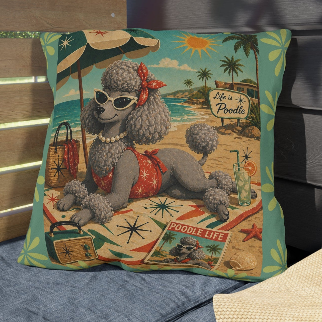 Retro Beach Poodle Outdoor Pillow | Vintage MCM Pinup Dog Tropical Scene
