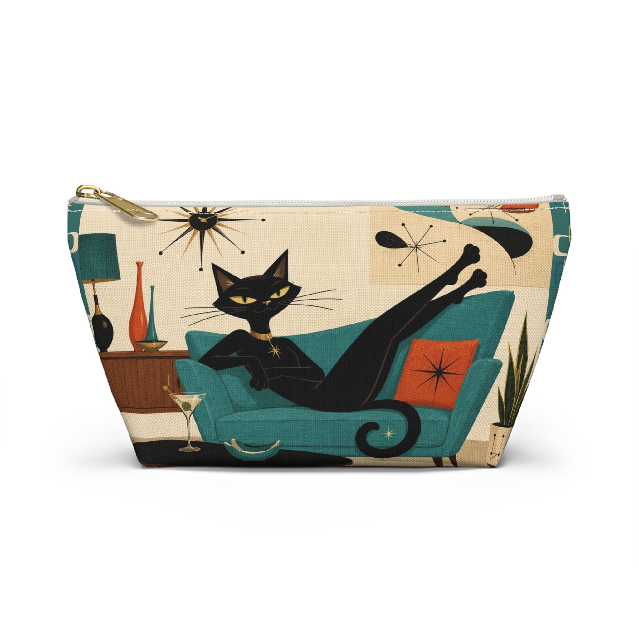 Mid Century Atomic Black Cat Lounge Accessory Pouch | T-Bottom Cosmetic Bag