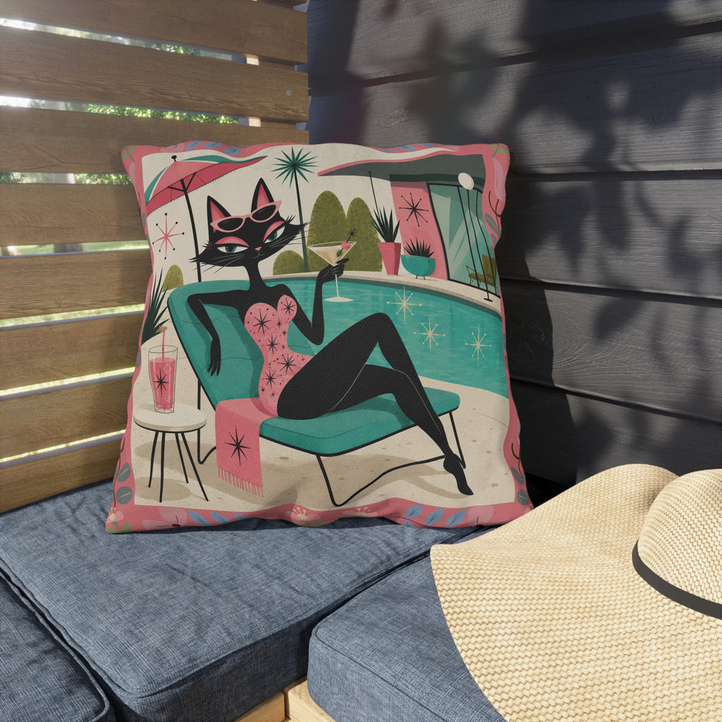Retro Poolside Cat Outdoor Pillow | Mid Century Modern Cocktail