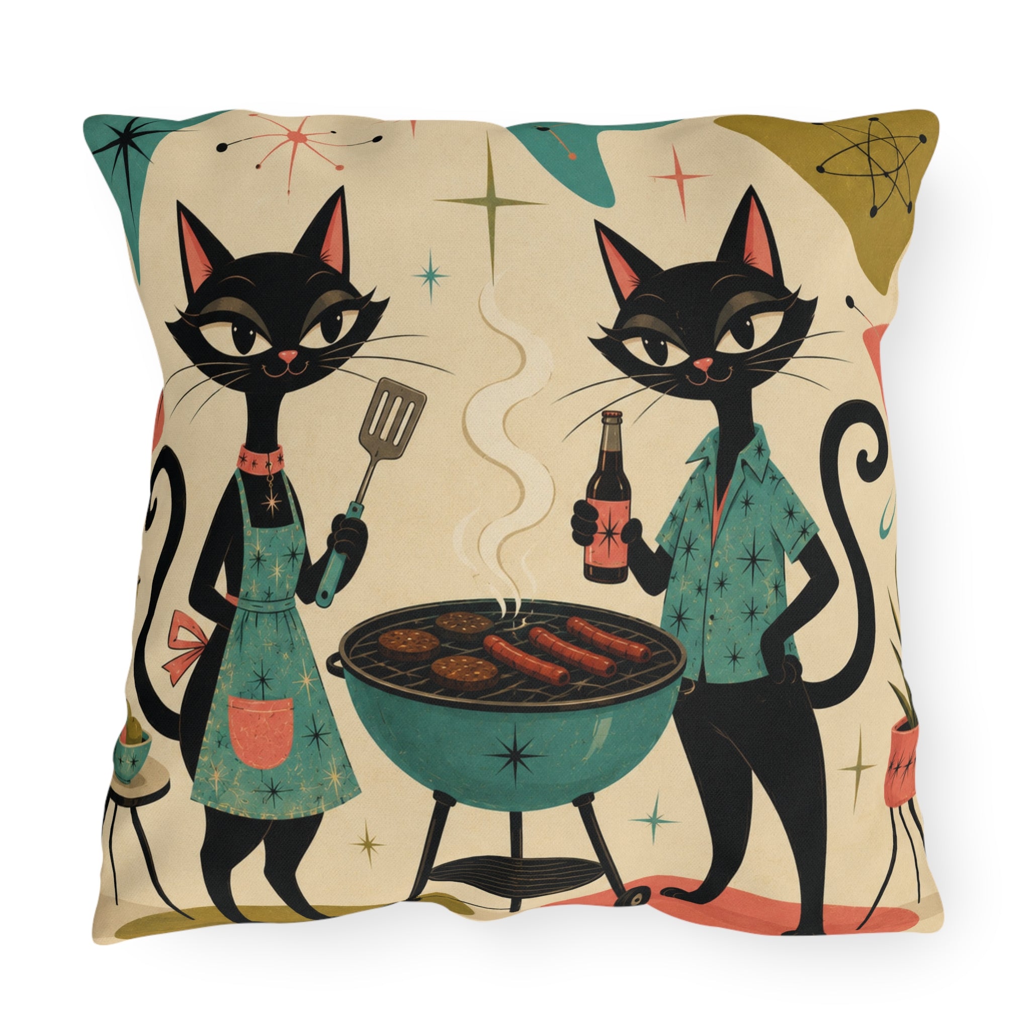 Retro Atomic Black Cats BBQ Outdoor Pillow | Mid Century Modern Cat Grill Decorative Cushion