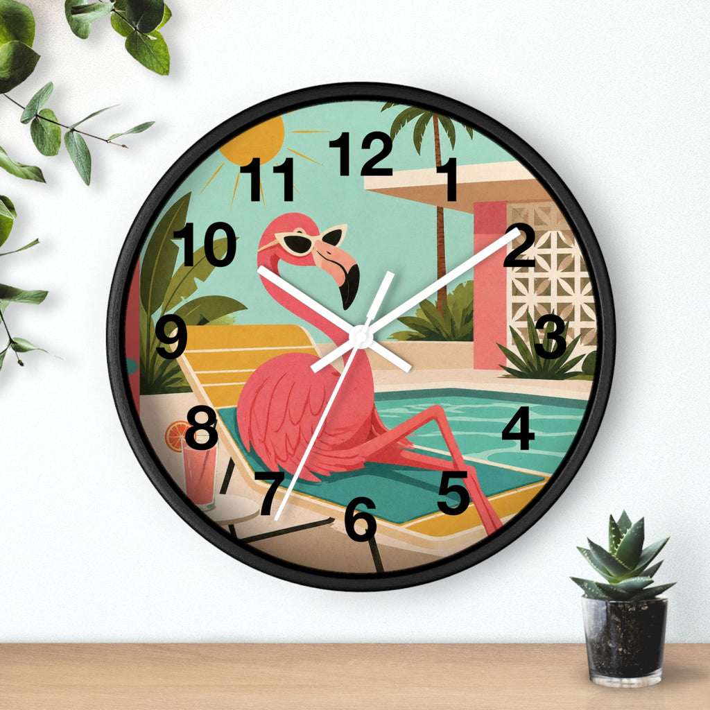 Retro Flamingo Poolside Wall Clock | Mid Century Tropical Illustration