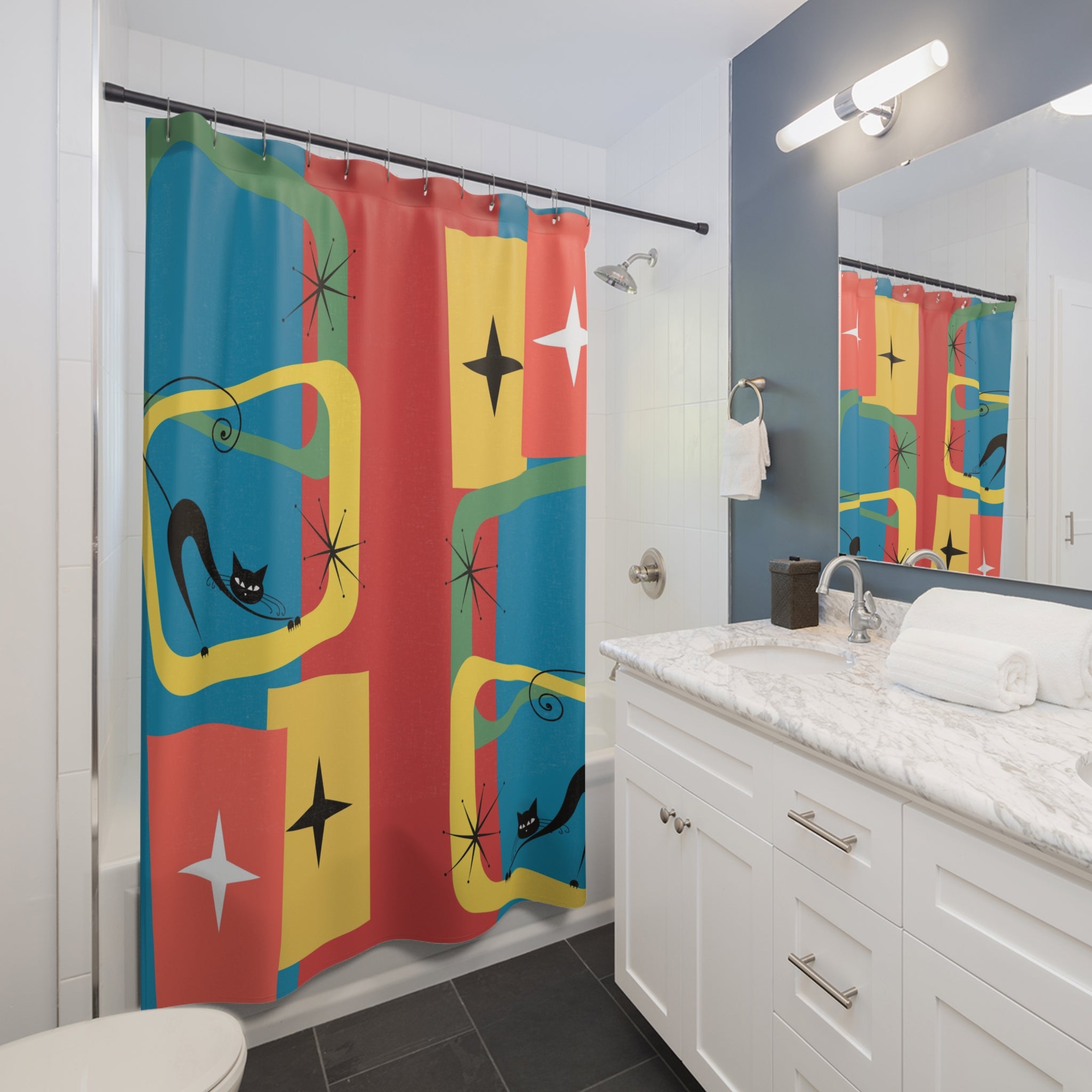 Atomic cat MCM Shower Curtain Mid Century Modern bathroom decor black at lover gift