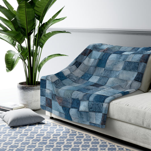 Blue Denim Patchwork (PRINTED LOOK ONLY) Sherpa Fleece Blanket, soft cozy throw blanket