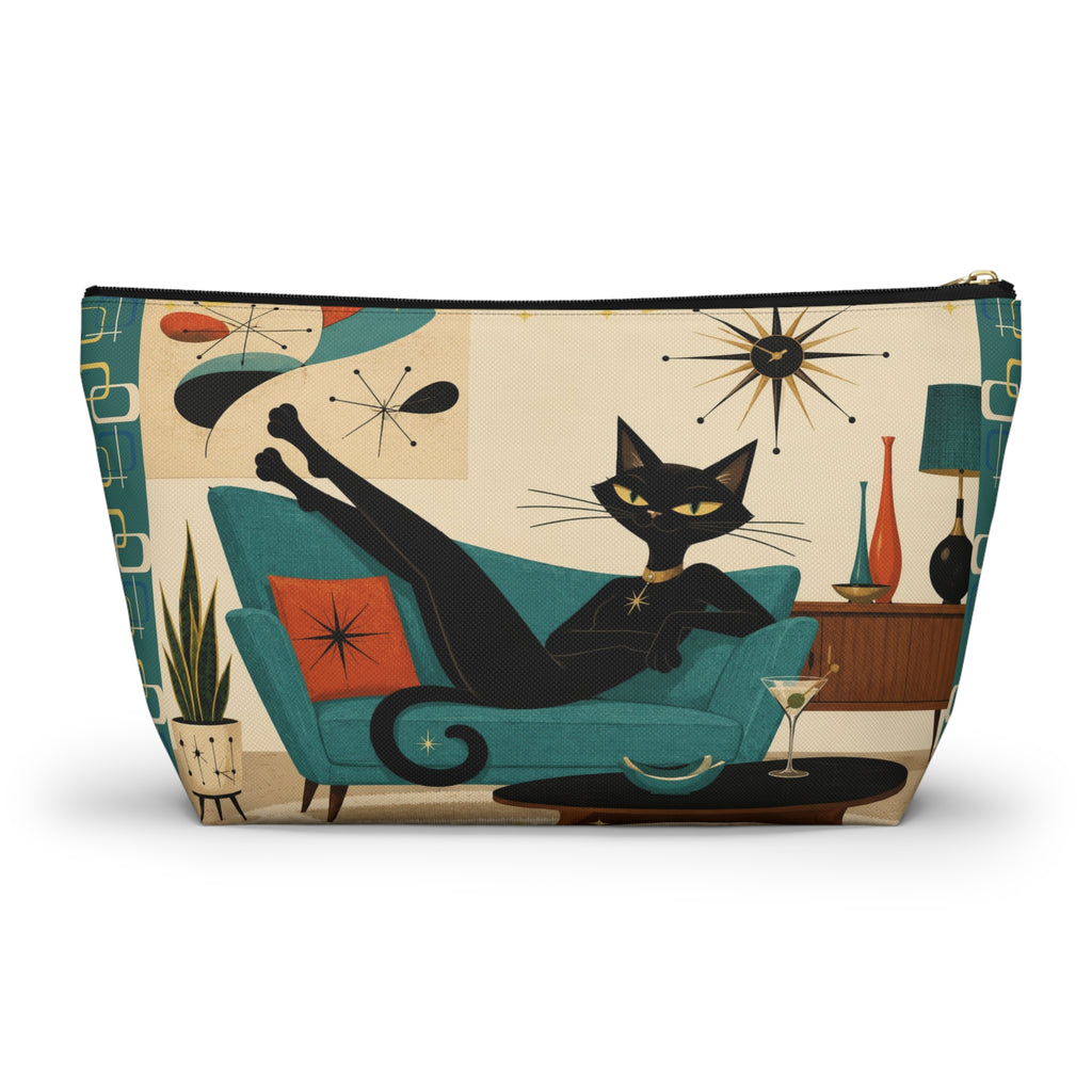 Mid Century Atomic Black Cat Lounge Accessory Pouch | T-Bottom Cosmetic Bag
