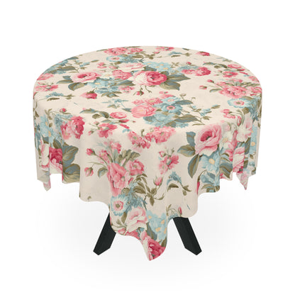 Pink and blue shabby chic style vintage roses farmhouse dining room decor tablecloth