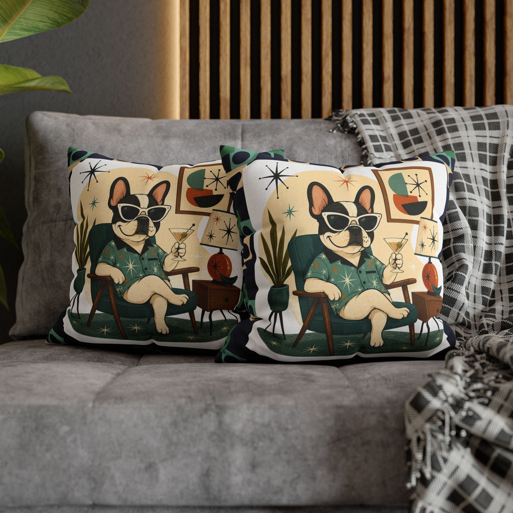 Retro Mid Century French Bulldog Pillowcase | Square Throw Pillowcase - COVER ONLY