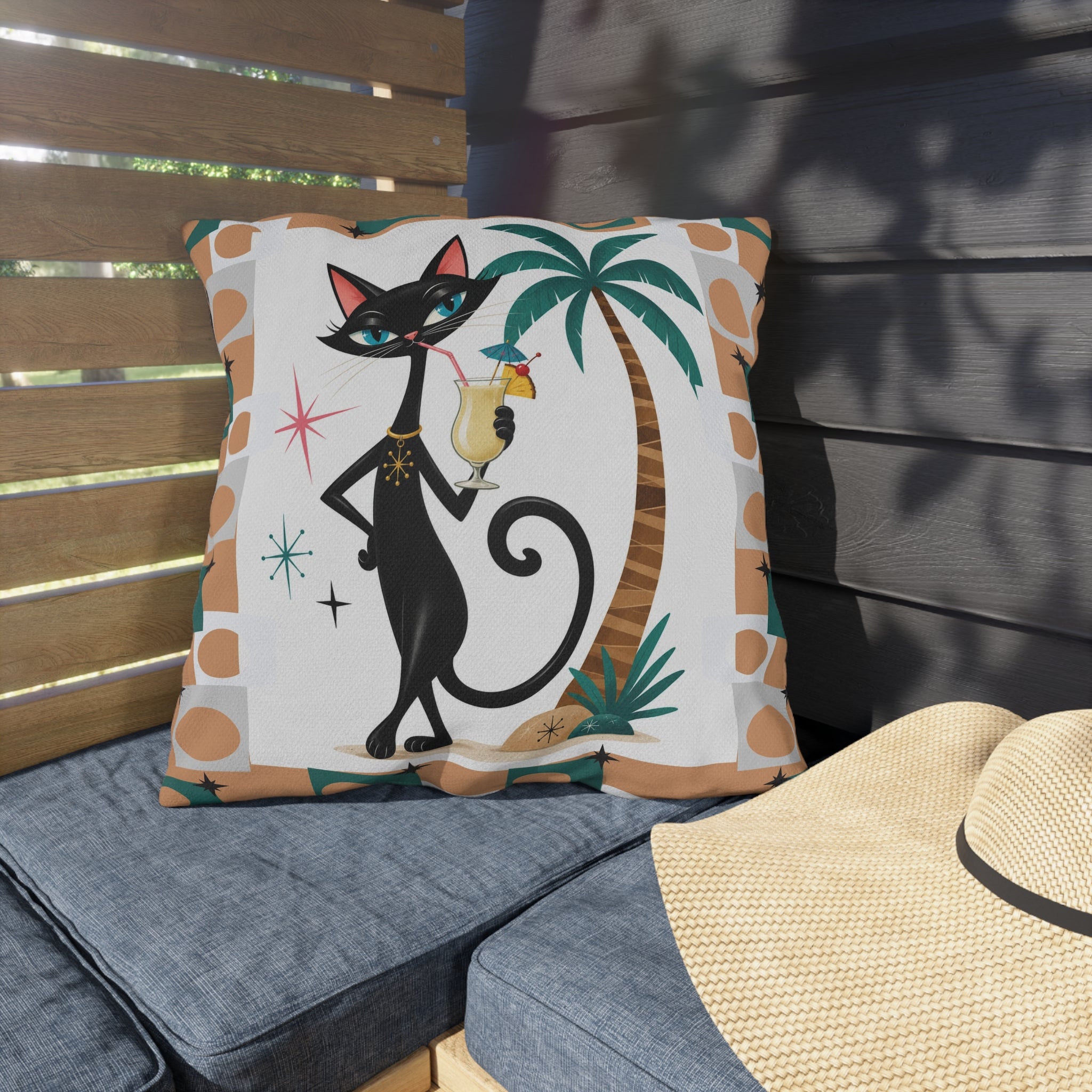Retro Atomic Black Cat Tiki Outdoor Pillow | Palm Tree Cocktail Cushion