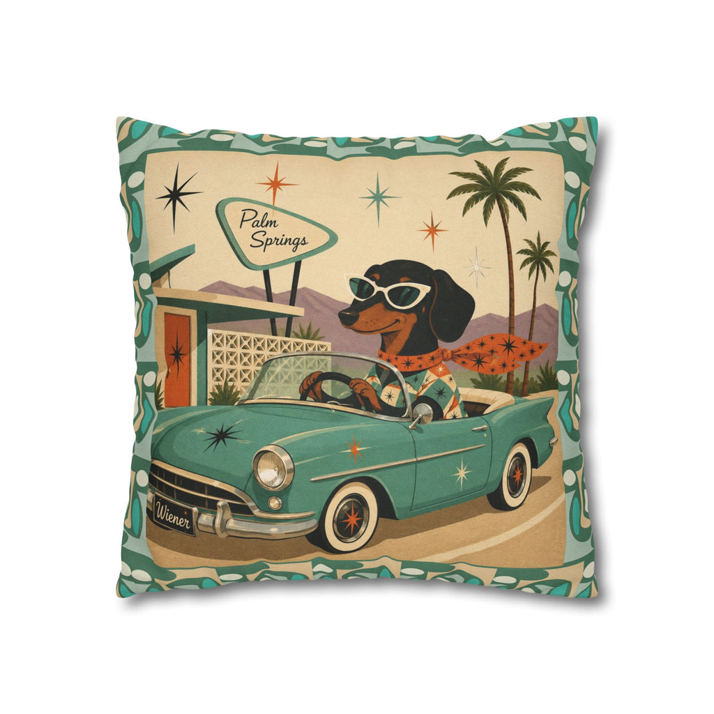 Retro Dachshund Driving Convertible Pillowcase | Palm Springs Vintage Car - COVER ONLY