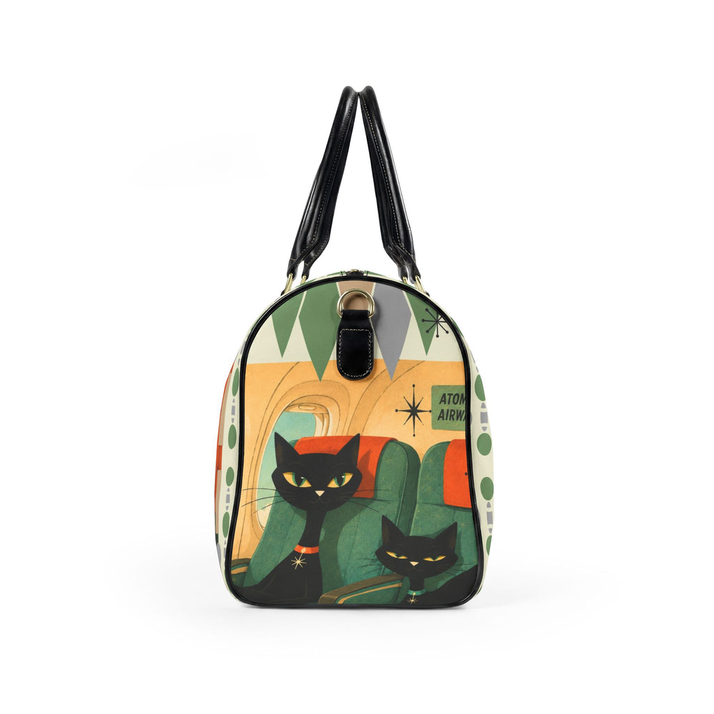 Retro Atomic Black Cats Travel Bag | Faux Leather Duffle, Mid Century Plane Scene