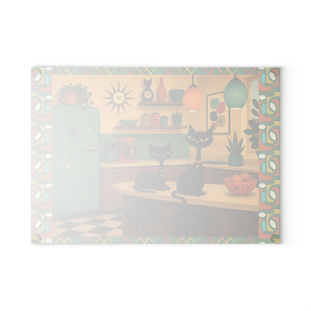 Retro Atomic Black Cats Kitchen Glass Cutting Board | Mid Century Cat Artwork