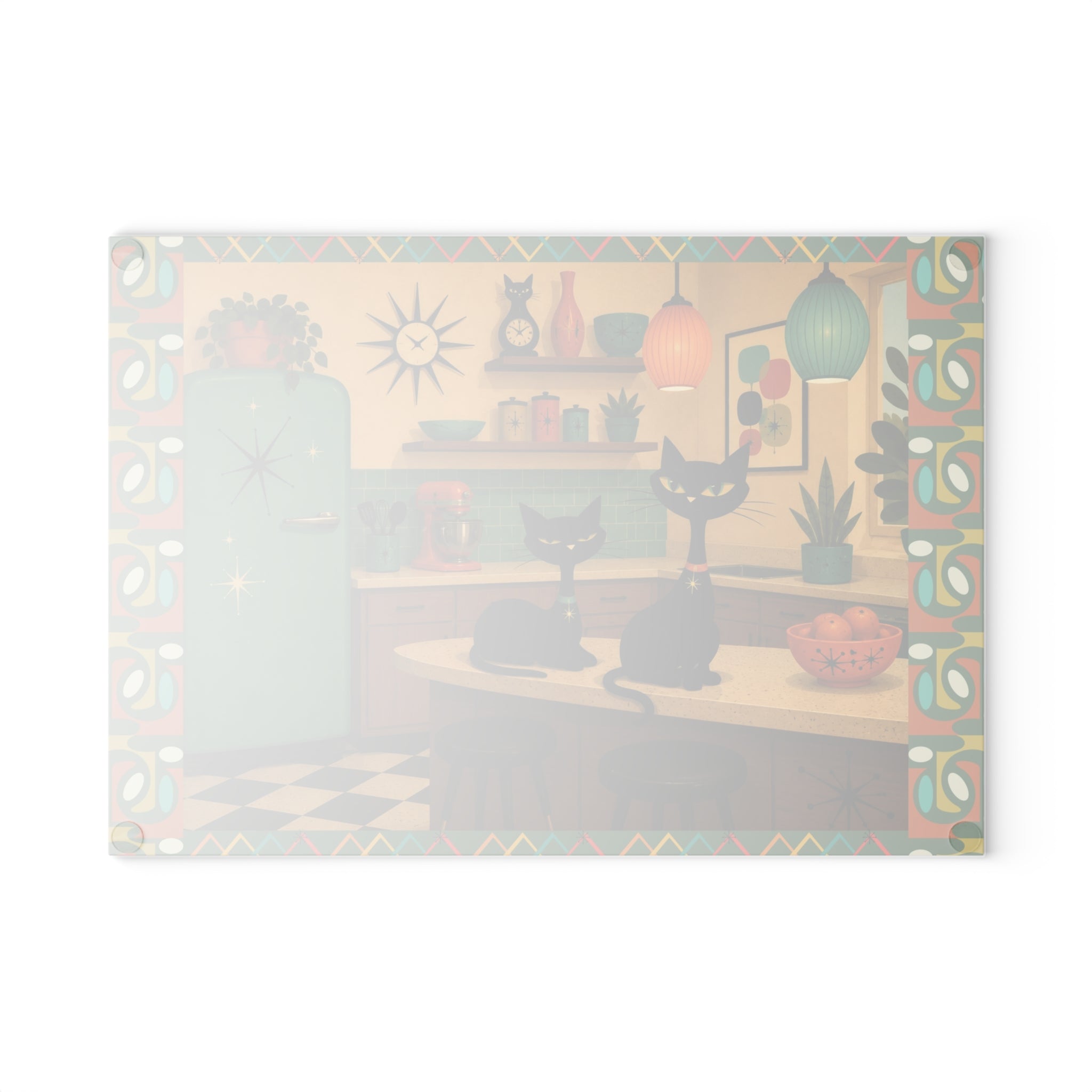 Retro Atomic Black Cats Kitchen Glass Cutting Board | Mid Century Cat Artwork
