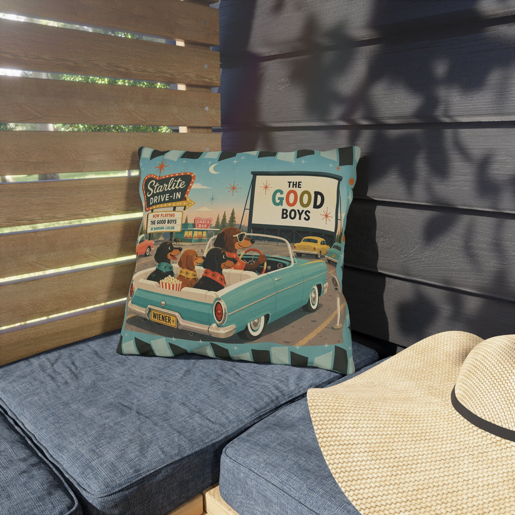 MCM Dachshund Drive-In Dogs Retro Art Outdoor Pillow | Vintage Movie Night