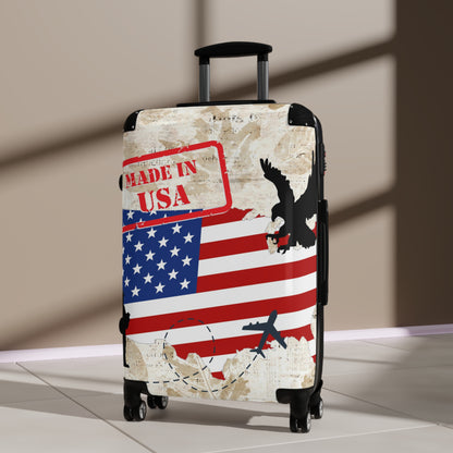 Made in the USA Suitcase on wheels, carry on luggage, travel for holidays, patriotic design, American hard shell lockable case