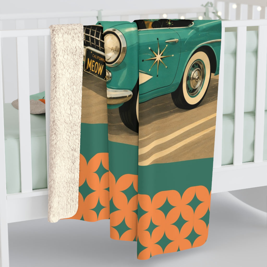 Retro Black Atomic Cats Driving Convertible Sherpa Blanket | Vintage Beach Roadtrip