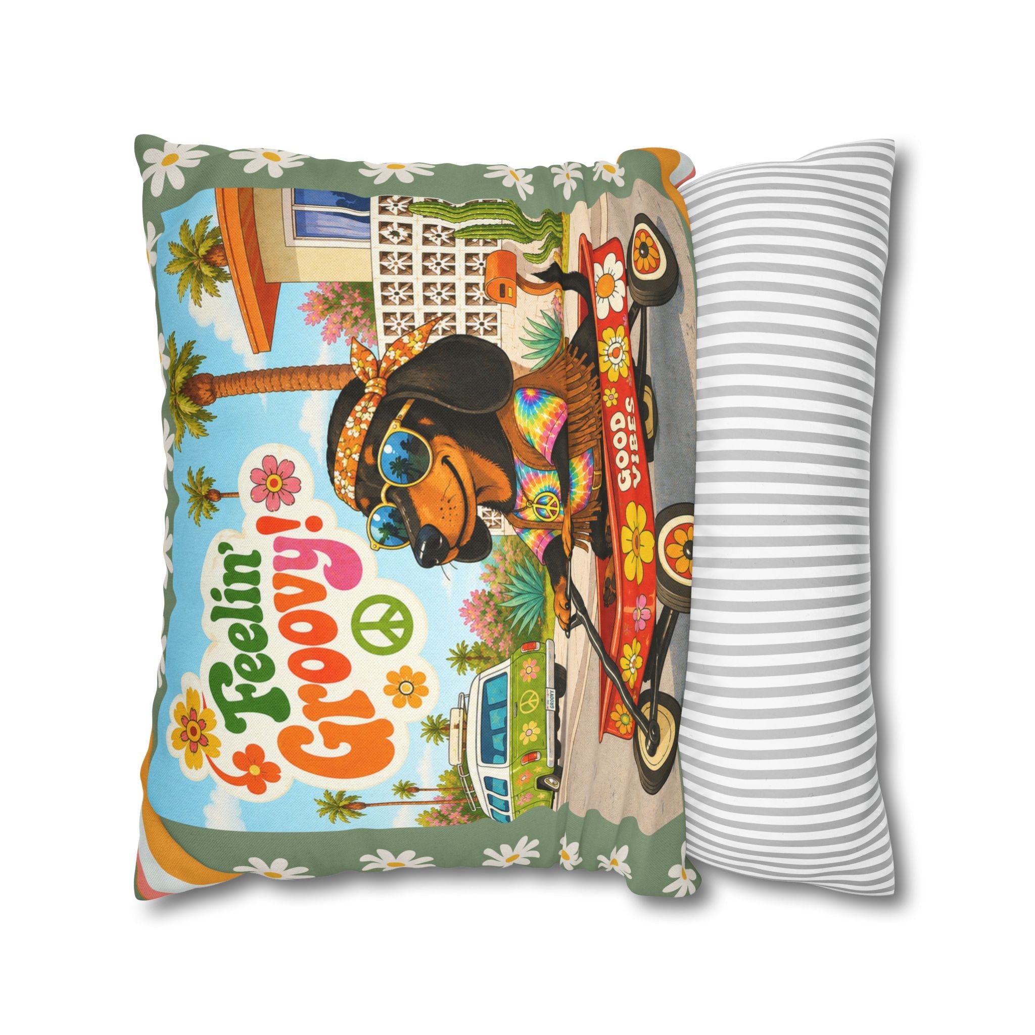 Feelin' Groovy retro Dachshund Pillowcase | 60s 70s pattern Square Decorative Pillow