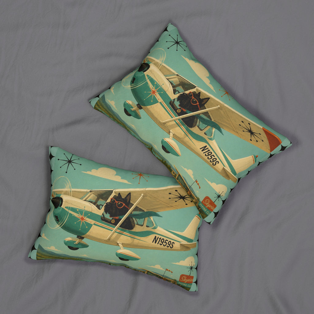Retro Pilot Scotty dog lumbar pillow | airplane illustration, teal mid-century design