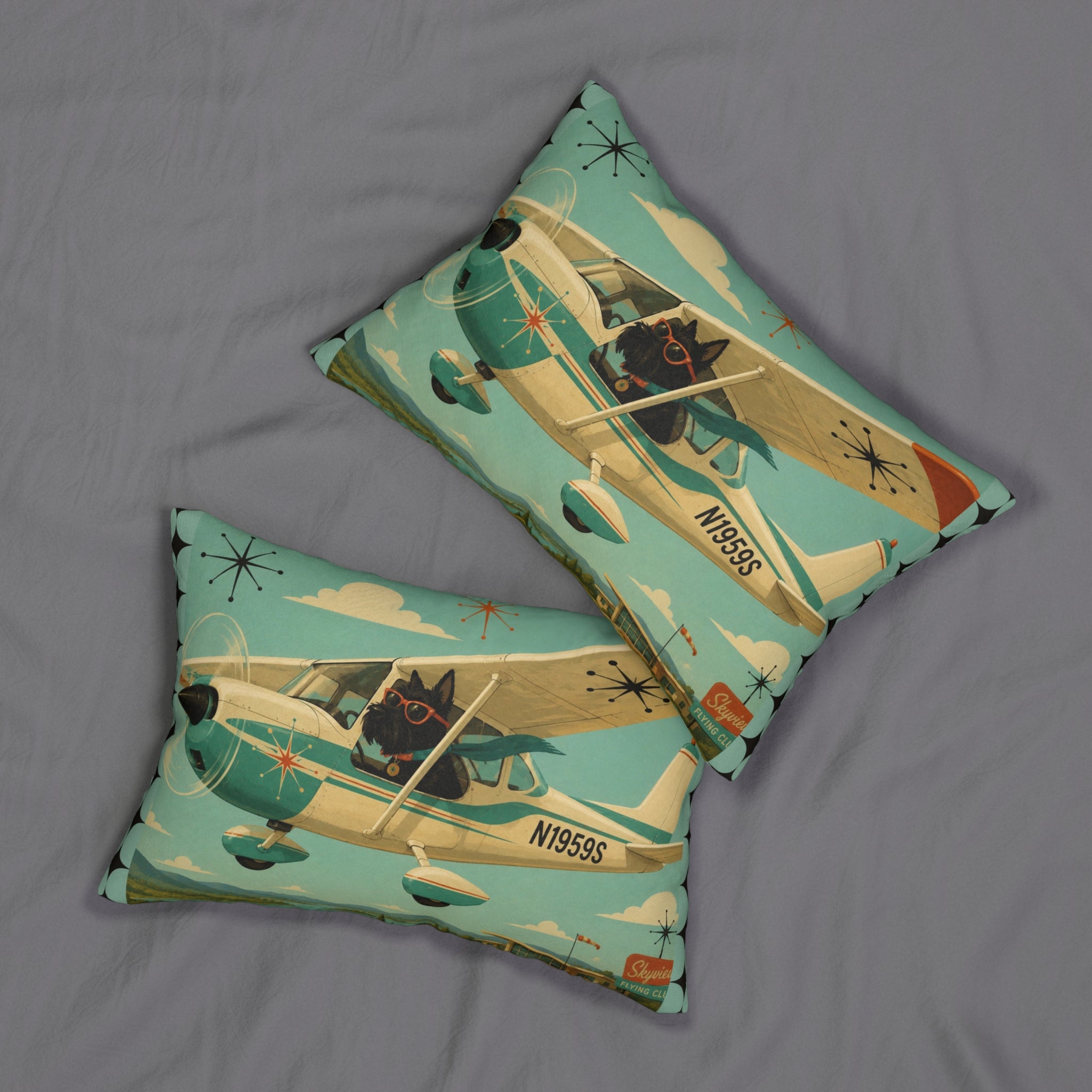 Retro Pilot Scotty dog lumbar pillow | airplane illustration, teal mid-century design
