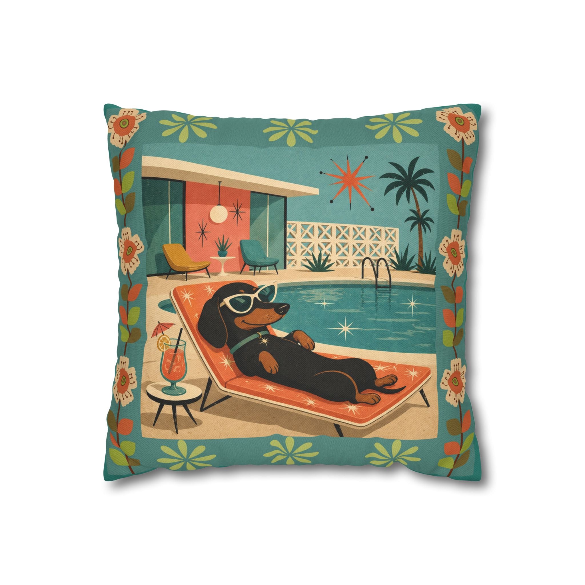 Retro Dachshund Pool Lounge Pillowcase | Square Pillowcase - COVER ONLY - Indoor Use