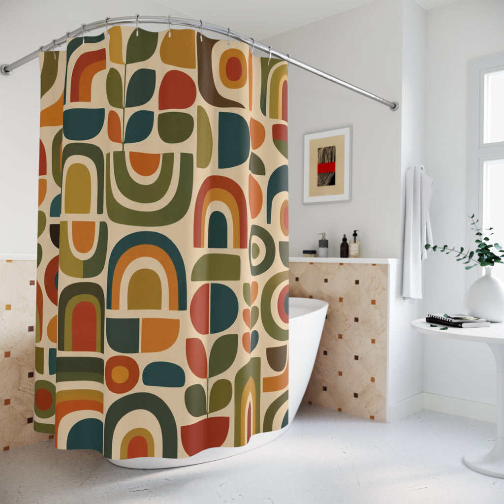 Mid Century Abstract Geometric Shower Curtain | Retro Rainbow Shapes