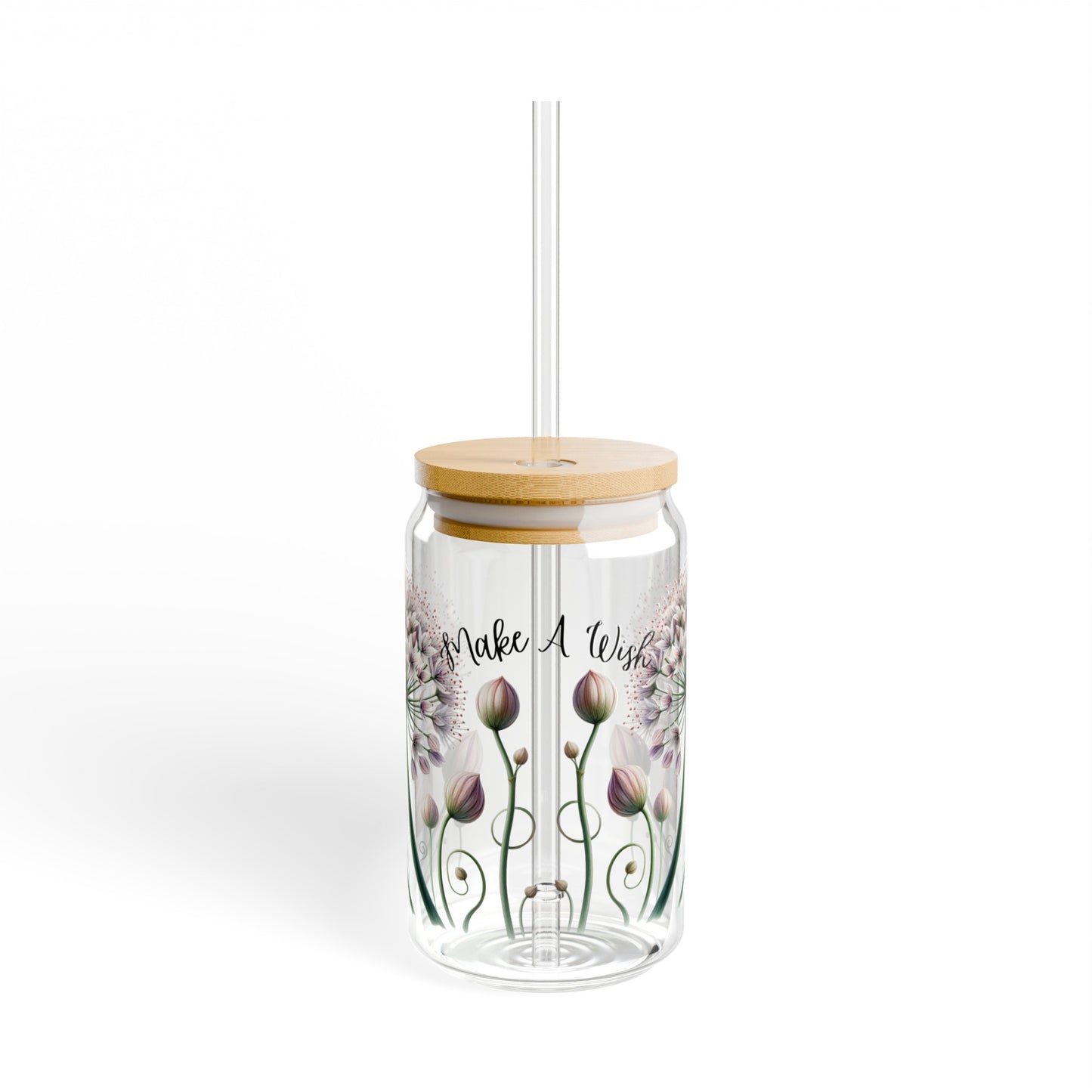 Dandelion make a wish floral Sipper Glass, 16oz, flower glass, cute drinking glass, iced coffee glass with lid and straw