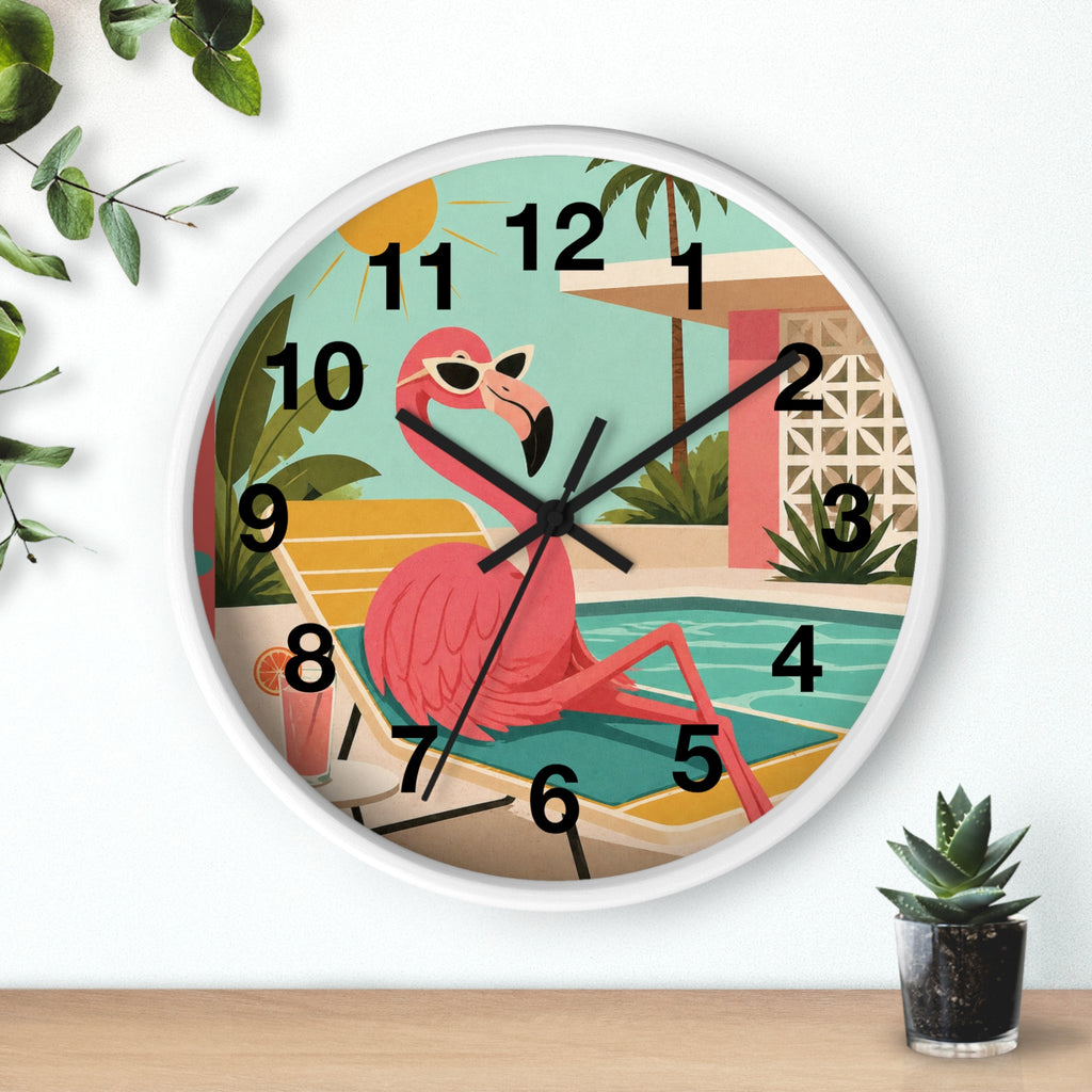 Retro Flamingo Poolside Wall Clock | Mid Century Tropical Illustration