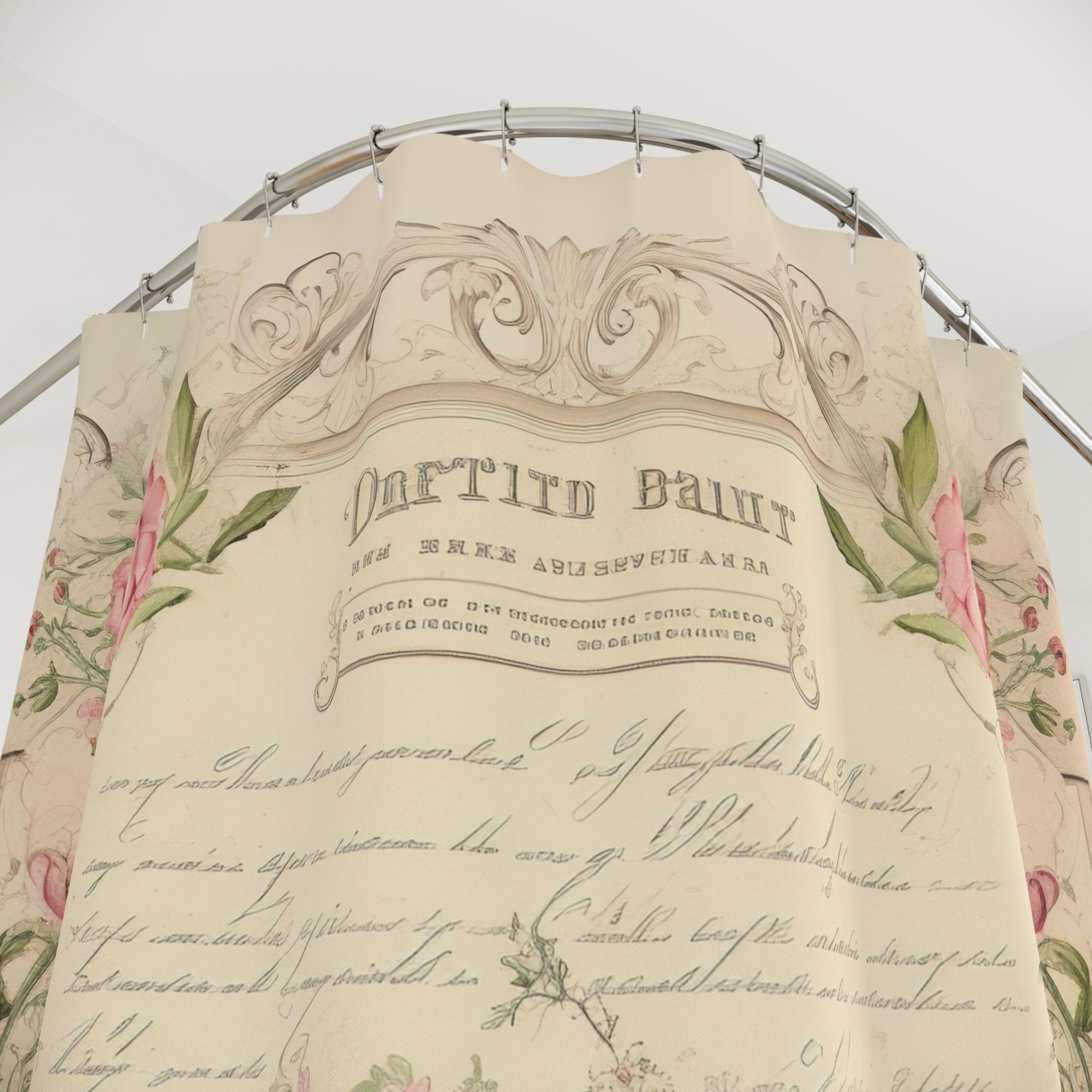 Vintage Rose Script Shower Curtain — Shabby Chic Floral Bathroom Decor