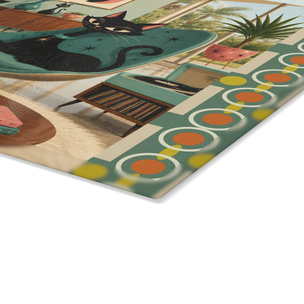 Mid Century Black Atomic Cats Glass Cutting Board | Retro Living Room Art