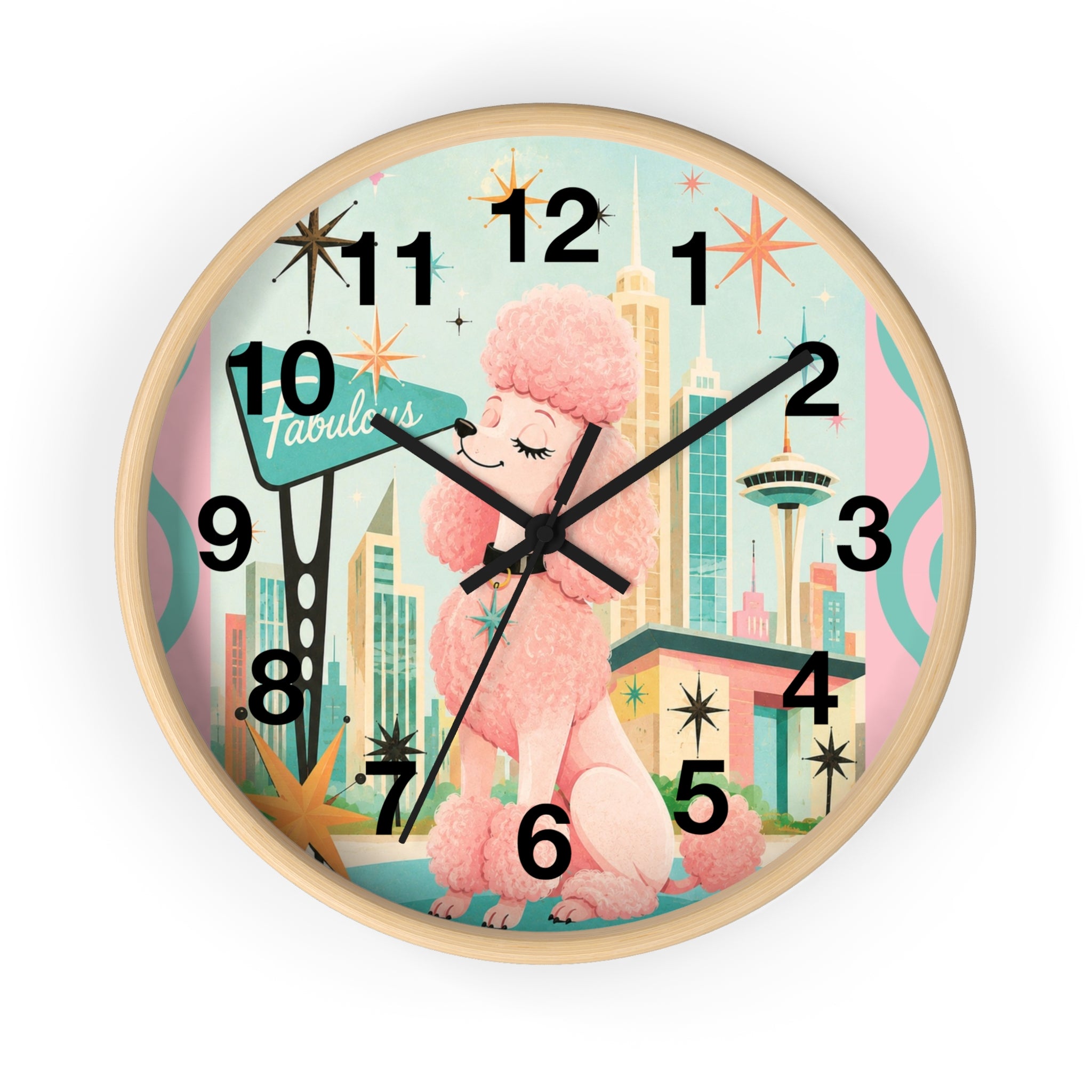 Pink Retro Poodle Wall Clock | Mid Century Atomic City Scene