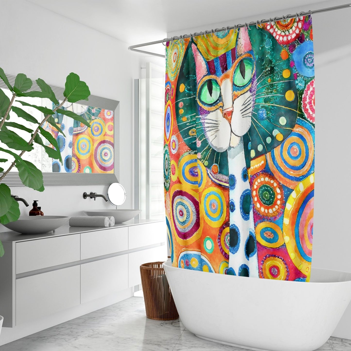 Colorful Klimt cat inspired art Quick-drying Shower Curtain, cat lover shower curtain