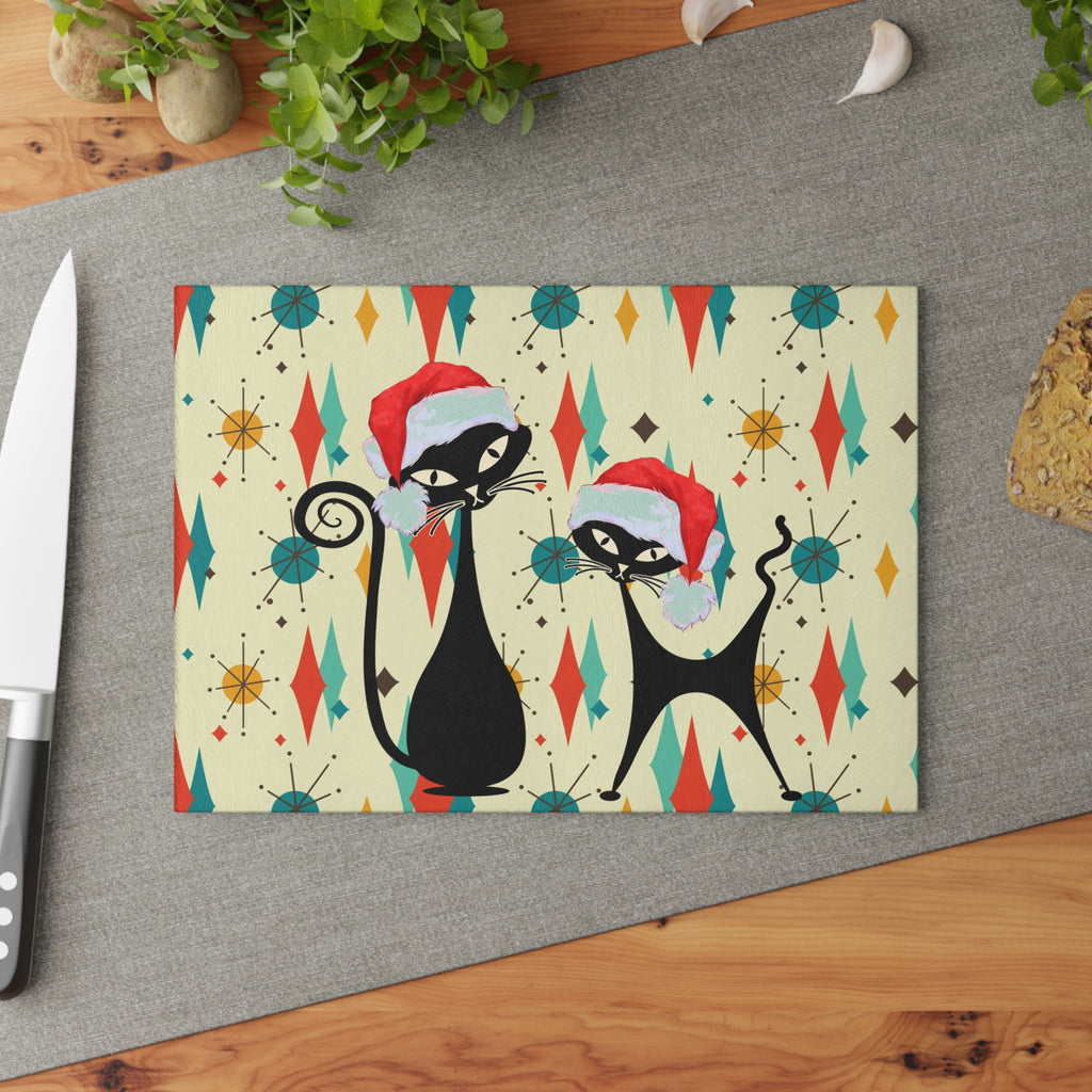 Christmas Atomic cat retro Glass Cutting Board, Franciscan starburst, Kitschy Christmas, Xmas kitchen decor, Mid Century chopping board