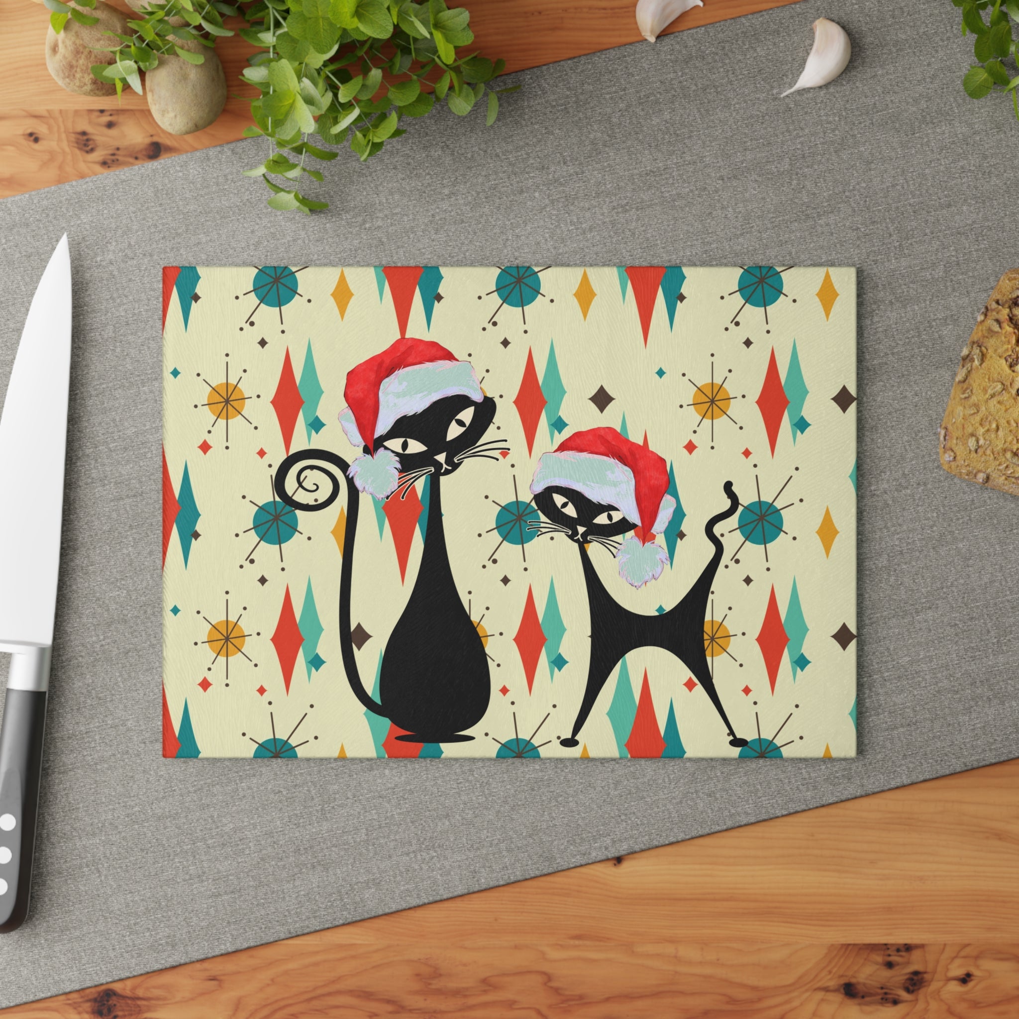Christmas Atomic cat retro Glass Cutting Board, Franciscan starburst, Kitschy Christmas, Xmas kitchen decor, Mid Century chopping board